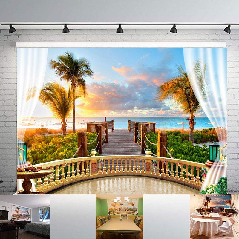 PHMOJEN 7X5ft Tropical Seaside Photography Backdrop Balcony Wood Bridge Vinyl Background Theme Wedding Birthday Party Backdrop Studio Props GEPH015 - Image 1